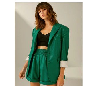New Green Oversized faux leather Blazer